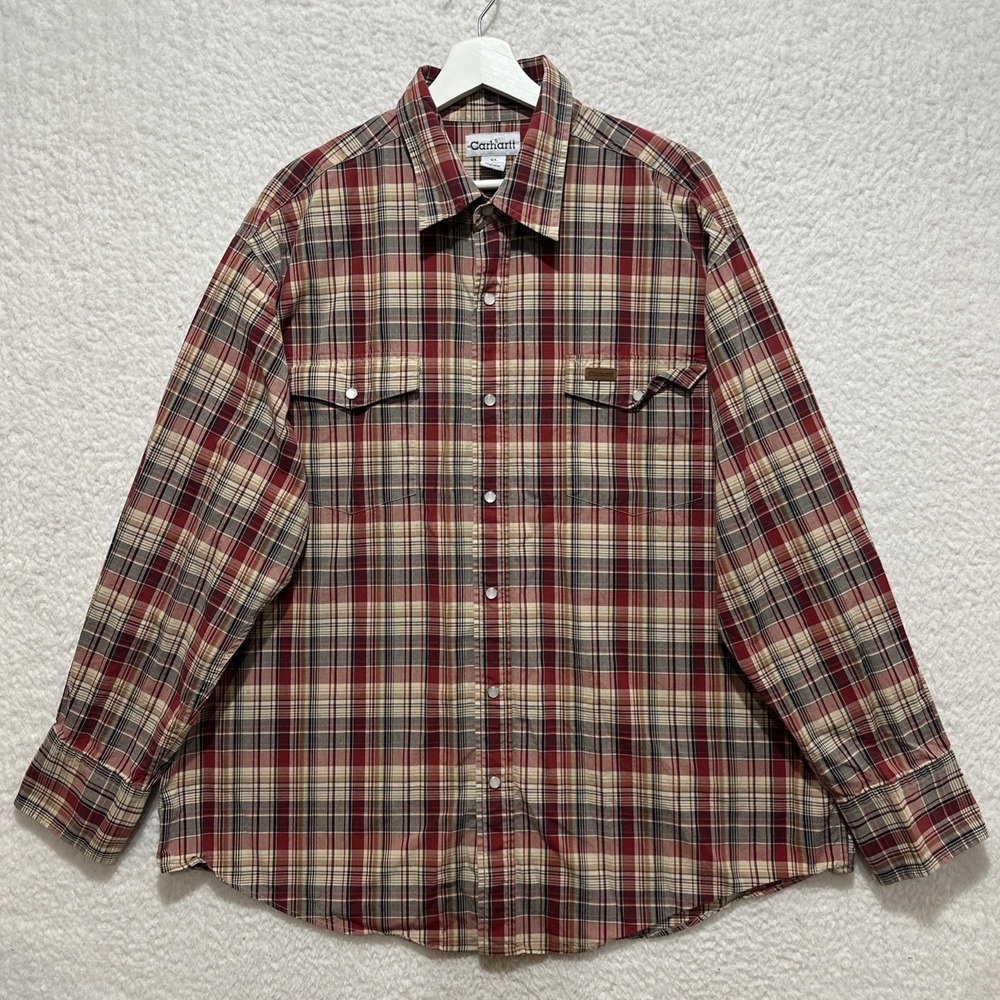 Carhartt Men's Plaid Pearl Snap Button Shirt Red Tan Long Sleeve Western Size XL